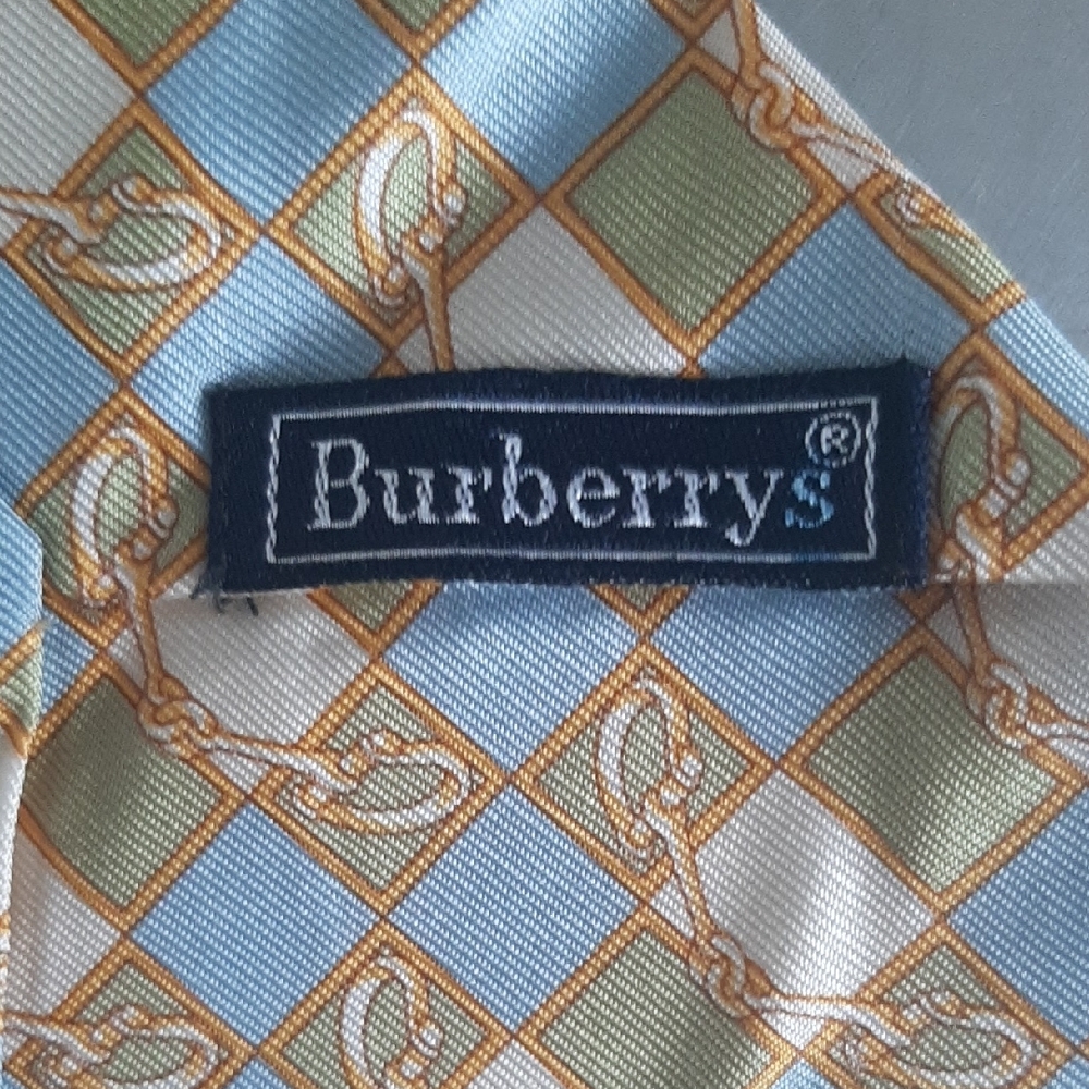 BURBERRY👔MADE IN FRANCE🇫🇷Blue & Gold 100% SILK Chain Pattern Tie